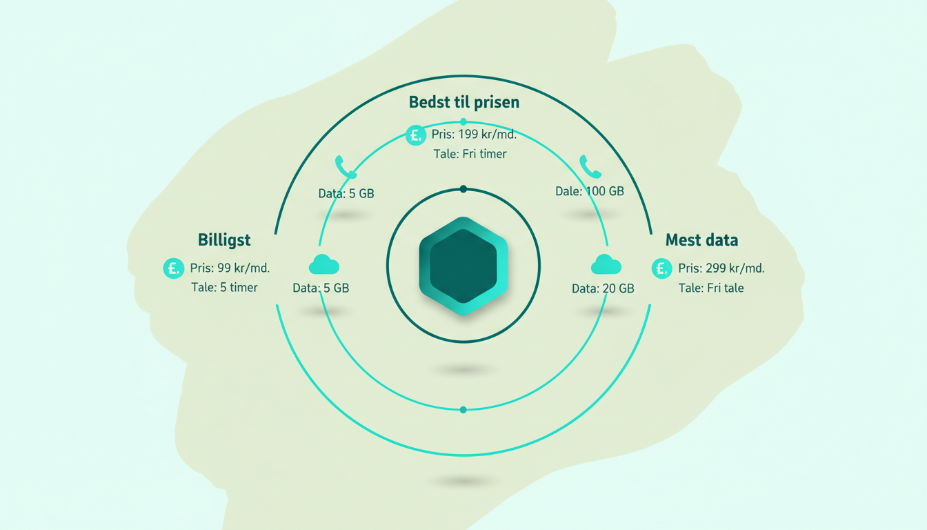 clean comparison infographic of three mobile subscription tiers with icons for price, data, and service. Danish labels: "Billigst", "Bedst til prisen", "Mest data", "Pris", "Data", "Tale"