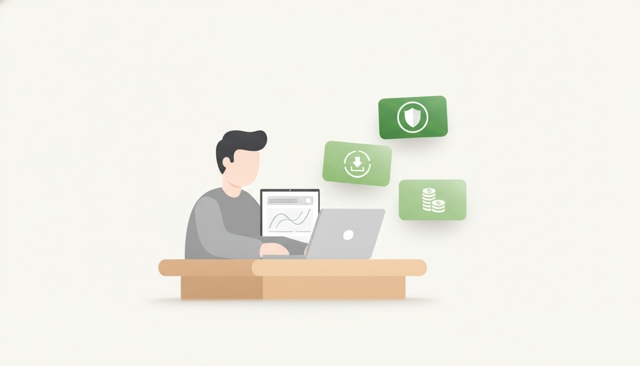 minimalist illustration of a person reviewing insurance options on a laptop with three floating cards representing coverage, deductible, and monthly price