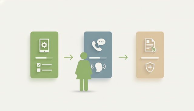 clean editorial illustration of a customer choosing between digital self-service, phone support, and online claim reporting for an insurance company, with a calm Scandinavian office style