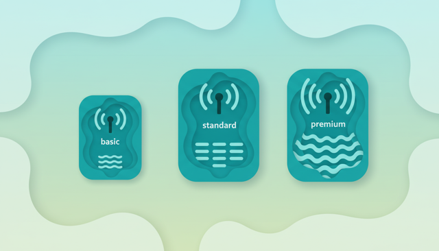 minimalist comparison illustration showing three mobile internet options as rounded cards with different signal strength and data usage concepts, no text or numbers
