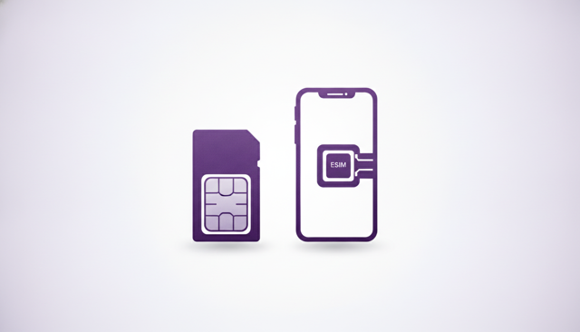 minimalist comparison illustration showing a physical SIM card next to a digital embedded eSIM chip inside a smartphone, clean flat style, no text