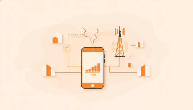 minimalist illustration of a smartphone showing weak mobile signal near a city street, with a nearby cell tower and subtle connection drops