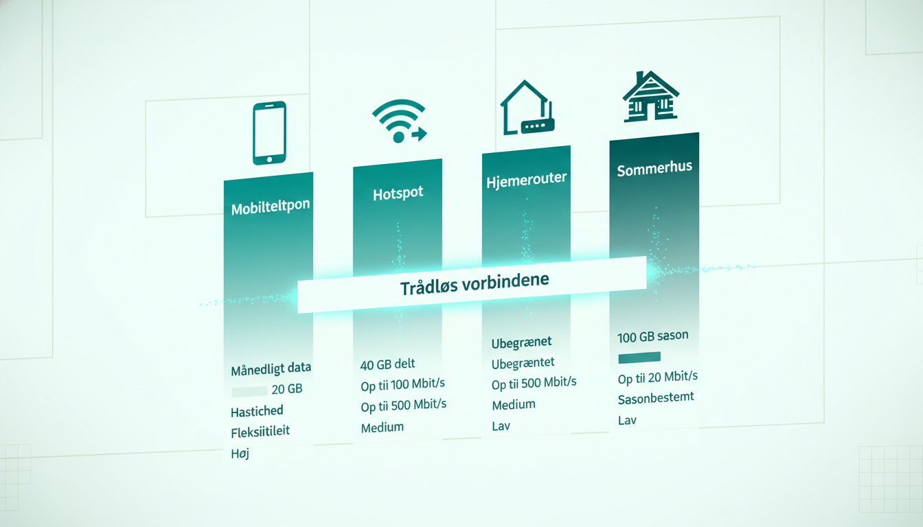 minimalist comparison chart showing mobile internet use cases with icons for phone, hotspot, home router, and summer house. Danish labels: "Mobiltelefon", "Hotspot", "Hjemmerouter", "Sommerhus", "Trådløs forbindelse"