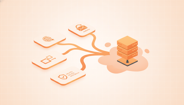 minimalist infographic showing four connected DNS record cards flowing toward a central server icon, with one card symbolizing website, one mail, one alias, and one security verification