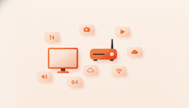 clean editorial illustration comparing a home internet router and a television screen with abstract subscription cards around them, no text, labels, or numbers