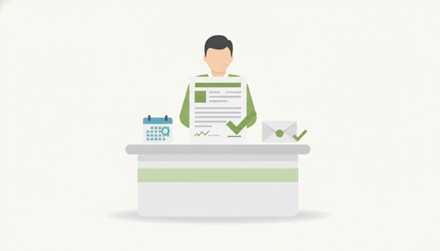 minimalist illustration of a person reviewing an insurance policy on a desk with a calendar, envelope, and checkmark icons, clean neutral colors