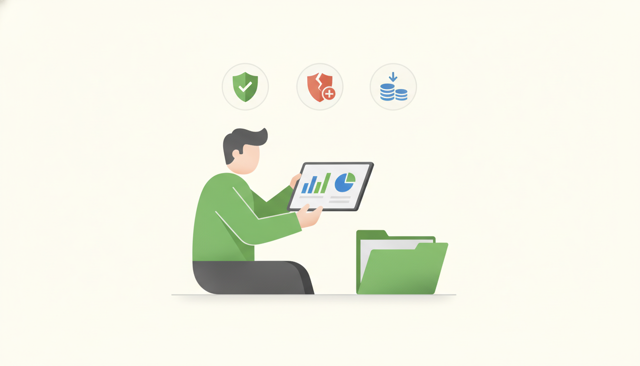 clean editorial illustration of a person reviewing an insurance policy on a tablet beside a folder, with subtle icons suggesting coverage, exclusions, and deductible