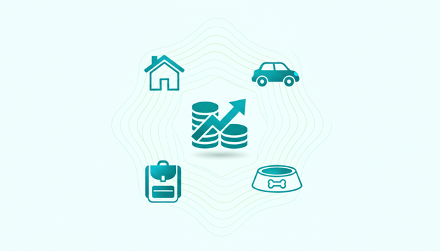 minimalist home insurance scene with a house, a car, a backpack, and a pet bowl arranged around a central savings symbol