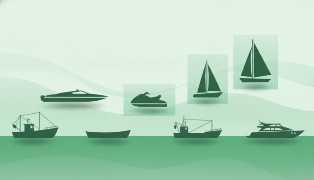 clean infographic showing different boat types on water, with a highlighted emphasis on speedboat, jet ski, and sailboat to illustrate which ones typically need mandatory liability insurance