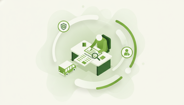 isometric illustration of a small business owner reviewing insurance documents beside a work van and office desk, with subtle icons representing employee safety and vehicle coverage
