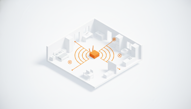 clean isometric house interior with a router in the center and signal lines reaching different rooms, illustrating Wi-Fi coverage and home internet troubleshooting