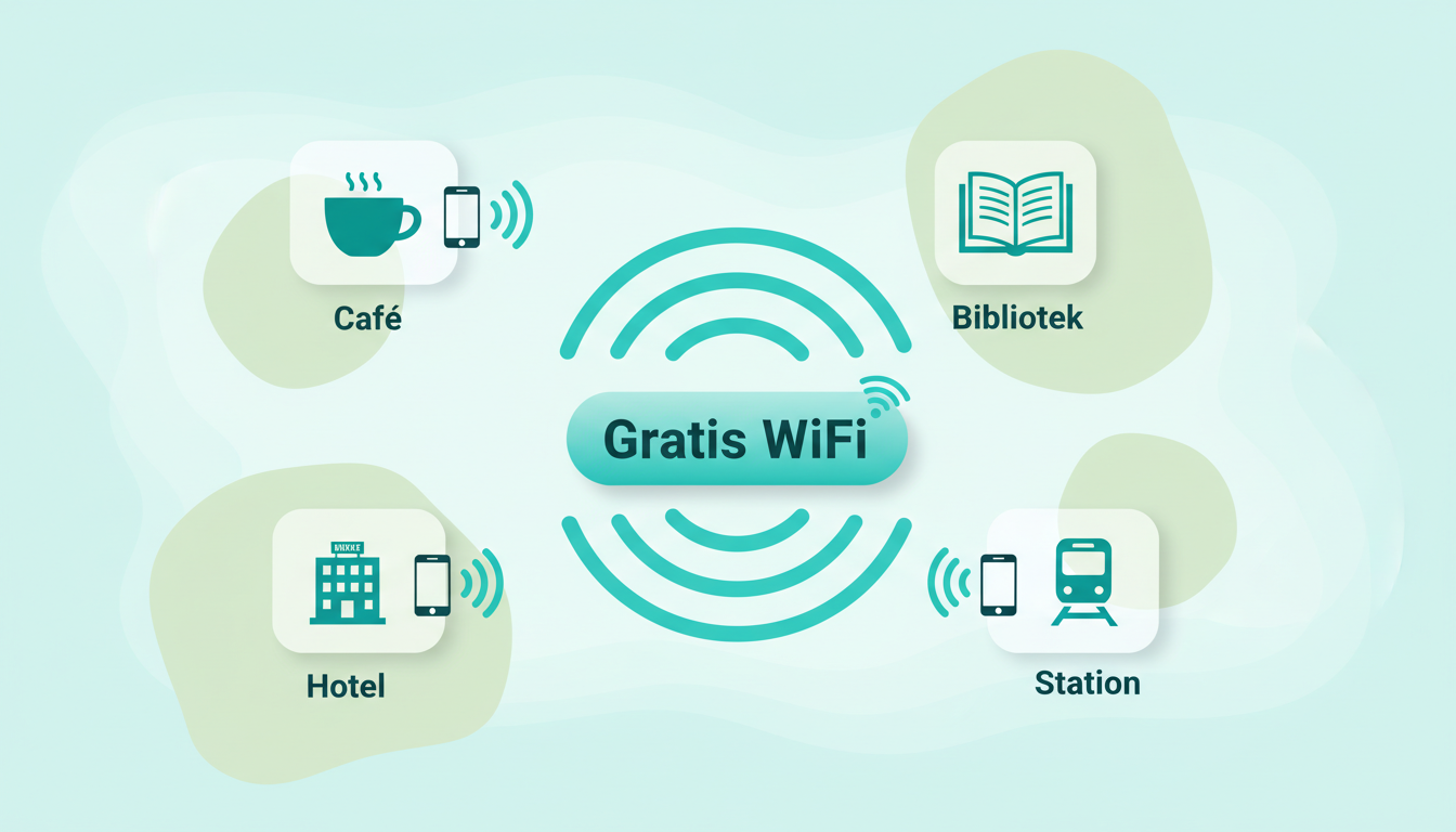 flat infographic showing four common places to get free Wi-Fi around the city, with a phone connecting to each hotspot. Danish labels: "Café", "Bibliotek", "Hotel", "Station", "Gratis WiFi"