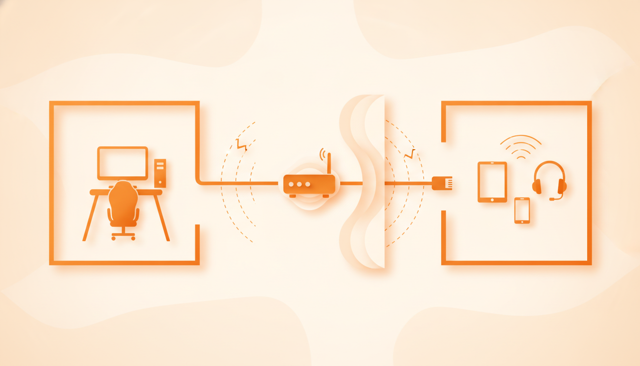 minimalist home network scene showing a gamer setup connected by ethernet cable to a router, with wireless devices in another room and subtle signal interference around walls