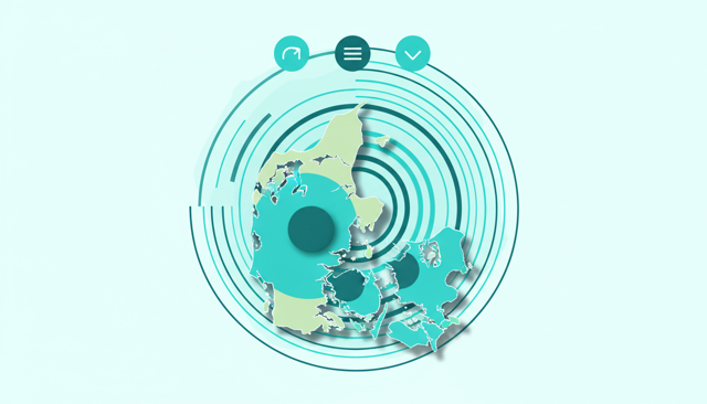 clean comparison illustration showing three mobile network coverage zones across a simplified map of Denmark, with one network covering the widest area and two others covering slightly smaller areas