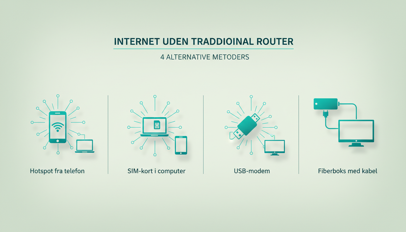clean infographic showing four ways to get internet without a traditional router: phone hotspot, laptop with SIM card, USB modem, and fiber box with ethernet cable. Danish labels: "Hotspot fra telefon", "SIM-kort i computer", "USB-modem", "Fiberboks med kabel"