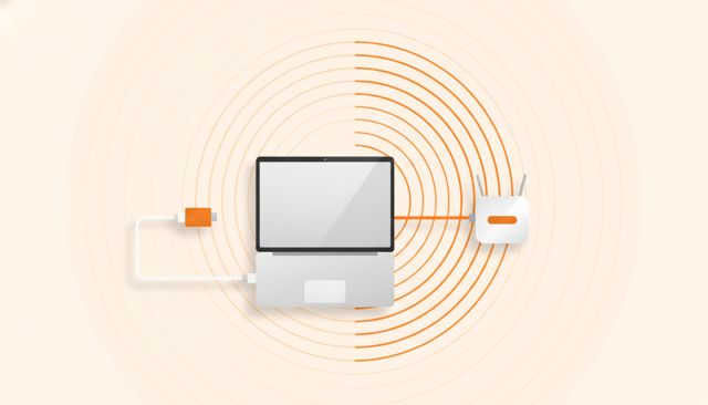 realistic clean illustration of a slim laptop without a built-in Ethernet port connected through a USB-C Ethernet adapter to a router with a network cable, no text or labels