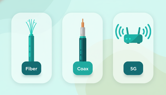 minimalist comparison illustration of three home internet options, showing a fiber cable, coax cable, and 5G router with simple signal waves and price-tag style shapes, no text