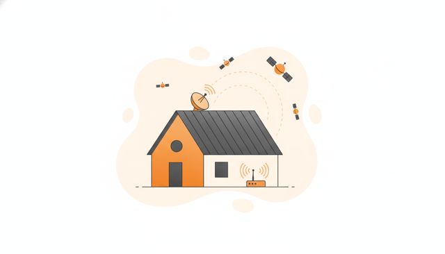 realistic yet clean illustration of a rural Danish house with a rooftop satellite dish pointing toward several low-orbit satellites, showing a clear unobstructed sky and a Wi-Fi router inside the house, no text or labels