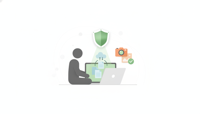 clean flat illustration of a person submitting an insurance claim on a laptop, with document upload icons, photo evidence, and a shield symbol, neutral modern style