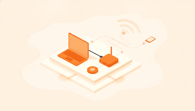 minimalist illustration of a home internet setup with a laptop connected by ethernet to a router and a separate Wi-Fi device showing a shorter and longer response path