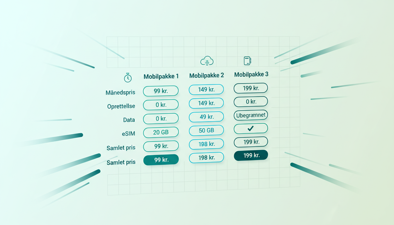 minimalist comparison chart showing a mobile subscription price breakdown with monthly fee, setup fee, data allowance, and eSIM option. Danish labels: "Månedspris", "Oprettelse", "Data", "eSIM", "Samlet pris"