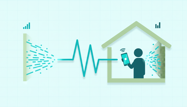 modern smartphone user standing inside a house while signal waves pass through walls, illustrating indoor mobile coverage differences between network quality and building materials
