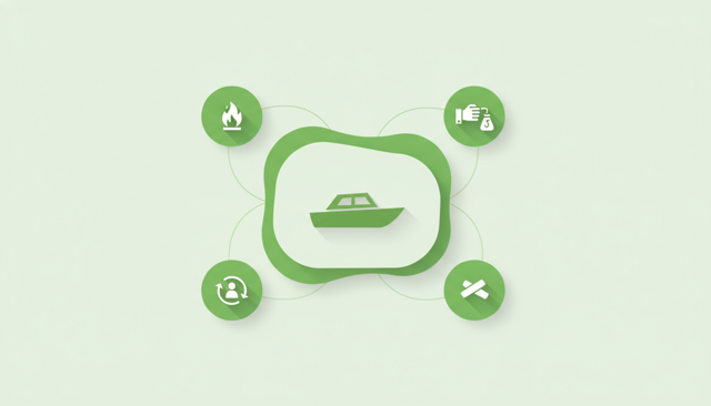 clean flat illustration of a small leisure boat surrounded by icons for fire, theft, collision, and responsibility, showing insurance coverage around the vessel