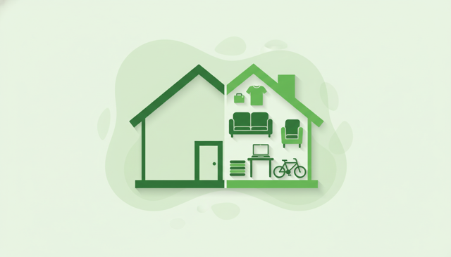 isometric illustration of a house split into two halves, one side showing built-in structures like roof and walls, the other side showing furniture, clothes, laptop, and bicycle
