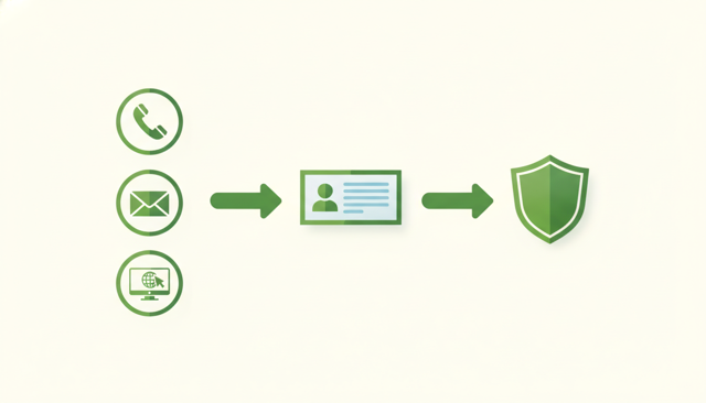 clean flat illustration of a customer service workflow with a phone, email envelope, and online portal connected to an insurance document and a shield icon