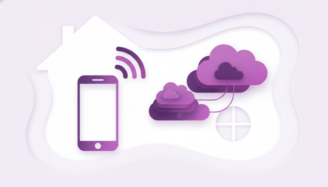 clean flat illustration of a smartphone using a mobile network at home, with signal waves and a simple data usage concept, no text