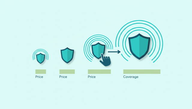 clean comparison illustration showing four insurance shields with different sizes and a hand selecting the best balance between price and coverage