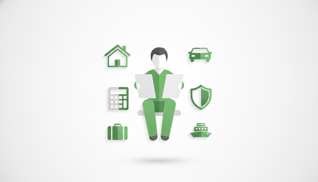 minimalist flat illustration of a person reviewing insurance documents beside a calculator, shield icon, house, car, and suitcase symbols arranged around them