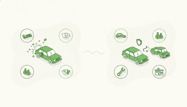 minimalist comparison illustration of two car insurance concepts, one showing damage to another car and one showing damage to a personal car, with no text or numbers