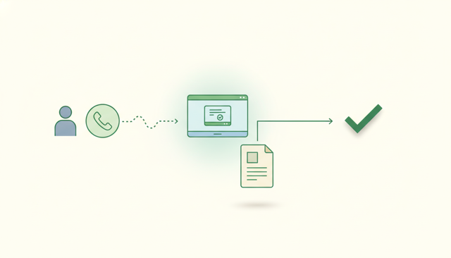 minimalist customer service workflow illustration showing a person, a phone icon, a digital self-service portal, and a claim document in a clean insurance context