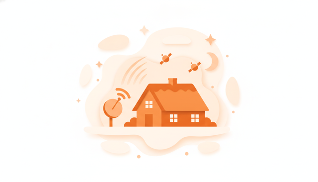 realistic but clean illustration of a Starlink satellite dish outside a rural Danish house, with a clear view of the night sky and subtle signal beams toward low-orbit satellites, no text, labels, or numbers
