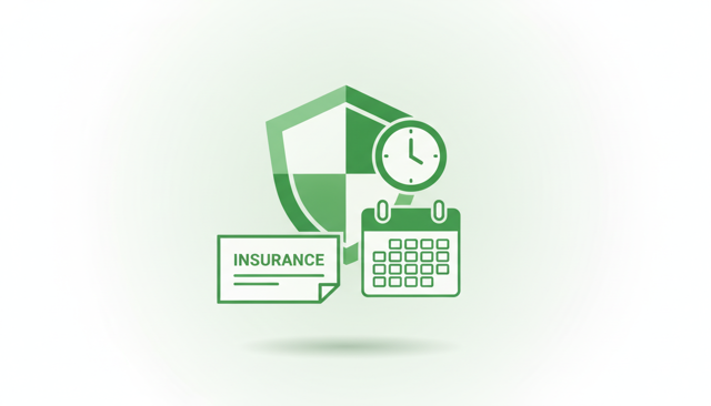 clean editorial illustration of a printed insurance offer beside a calendar and a clock, with an abstract shield icon, no text, labels, or numbers