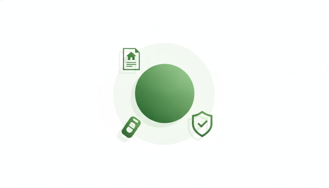 clean editorial illustration of a home insurance document, a car key, and a shield icon arranged around a circular payment concept, no text, labels, or numbers