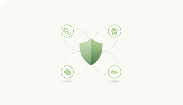 clean editorial illustration of a membership-based insurance model, showing a central shield icon connected to several small group icons representing different member categories, modern flat style