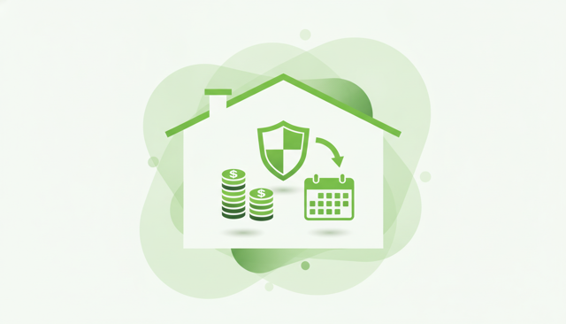 clean flat illustration of a family budget with a life insurance shield, a coin stack, and a calendar, showing the cost concept without any text