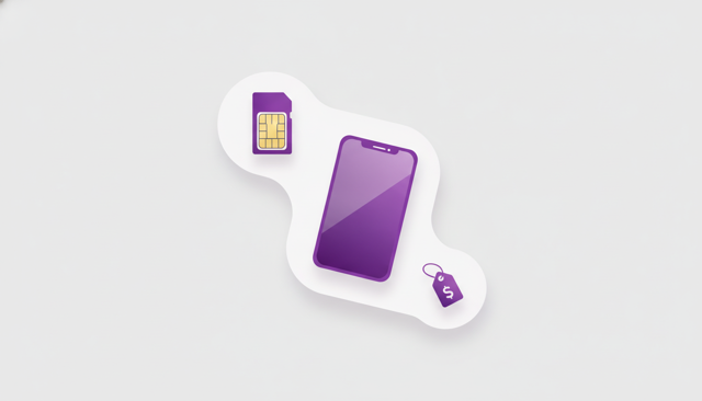 clean flat lay illustration of a physical SIM card, a smartphone, and a small price tag icon on a neutral background