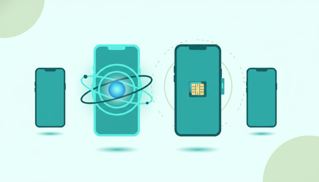 modern smartphone comparison illustration showing several generic phones side by side, with one phone highlighted as supporting digital SIM activation and another shown with a physical SIM tray