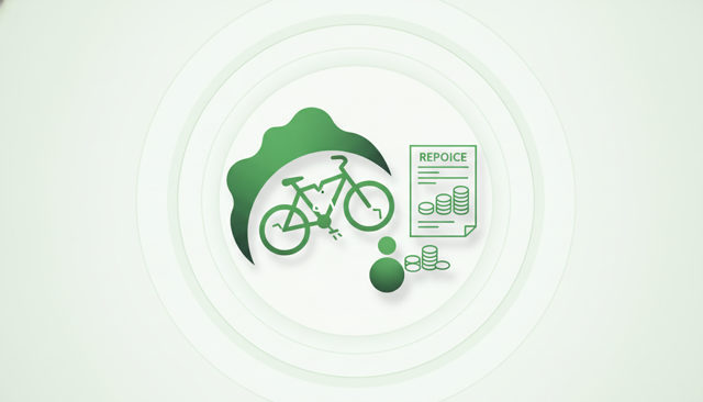 flat illustration showing a damaged bicycle, a repair invoice, and a person paying a smaller amount while an insurance company covers the rest, clean minimal style