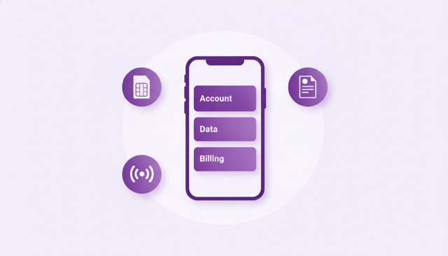 clean flat illustration of a smartphone showing a mobile carrier app dashboard with account, data, and billing sections, surrounded by simple icons for SIM card, invoice, and signal