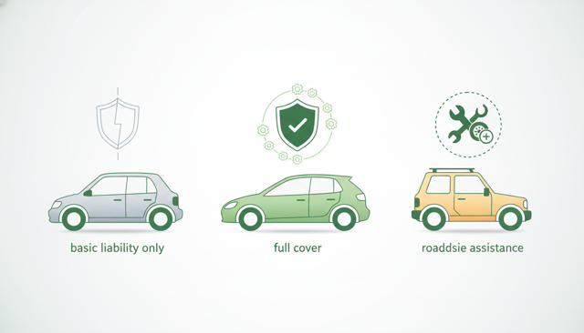 illustration of three parked cars with different protection levels, one with basic liability only, one with full cover, and one with roadside assistance icons