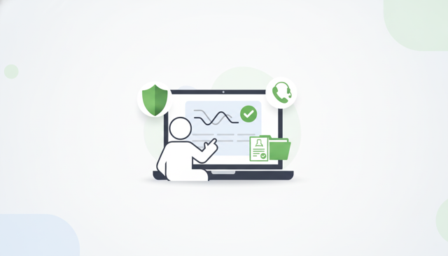clean flat illustration of a customer reviewing an insurance policy on a laptop, with a shield icon, a phone support icon, and a document folder around the screen