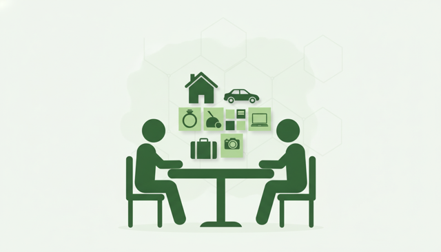 clean editorial illustration of a household reviewing several insurance policies at a table, with subtle icons for a house, car, suitcase, and personal belongings, no text, labels, or numbers