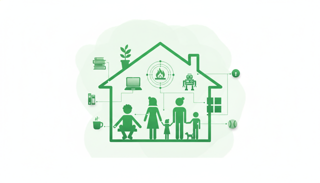 realistic editorial illustration of a diverse family household with adults, children, and personal belongings inside a simple home, no text, labels, or numbers