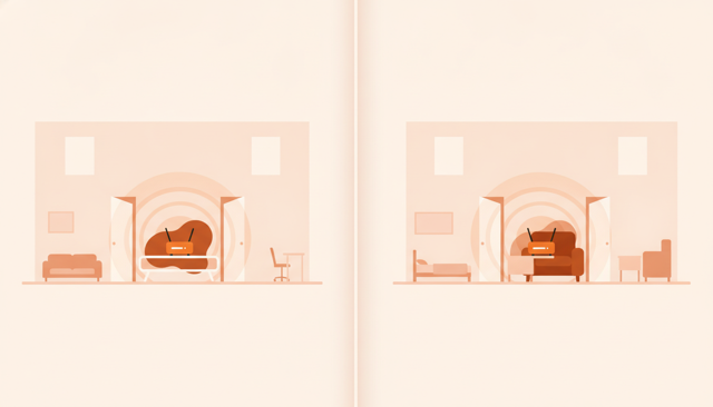 realistic home interior showing a router placed in an open central location with signal waves reaching different rooms, compared visually to a router hidden behind furniture