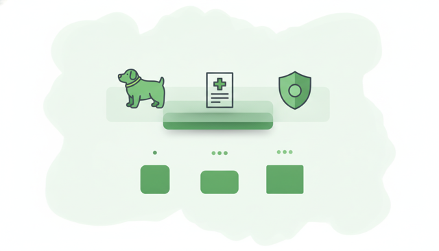 flat illustration of a dog insurance cost breakdown with a dog, a vet bill, a shield icon, and three simple price tiers arranged side by side