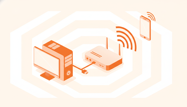 minimalist illustration of a home network setup showing a router, an ethernet cable to a gaming PC, and a smartphone on Wi-Fi with signal waves